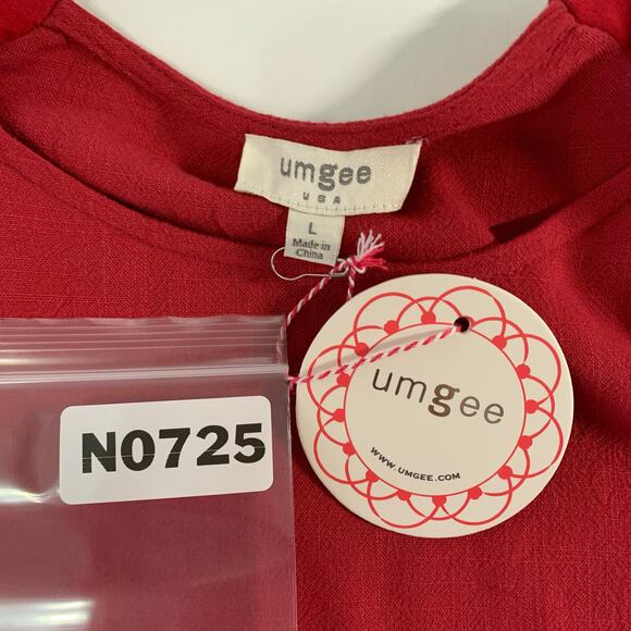 Umgee Linen Blend Top L NEW Embroidery Sleeves Crimson Red Floral Puff Sleeves - Picture 3 of 9